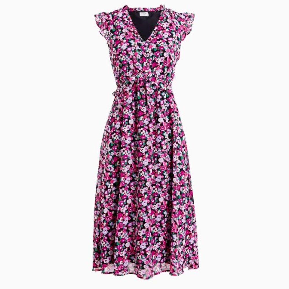 Nwt J Crew Cap Sleeve Ruffle Tiered Pleated Floral Print Midi Dress with pockets